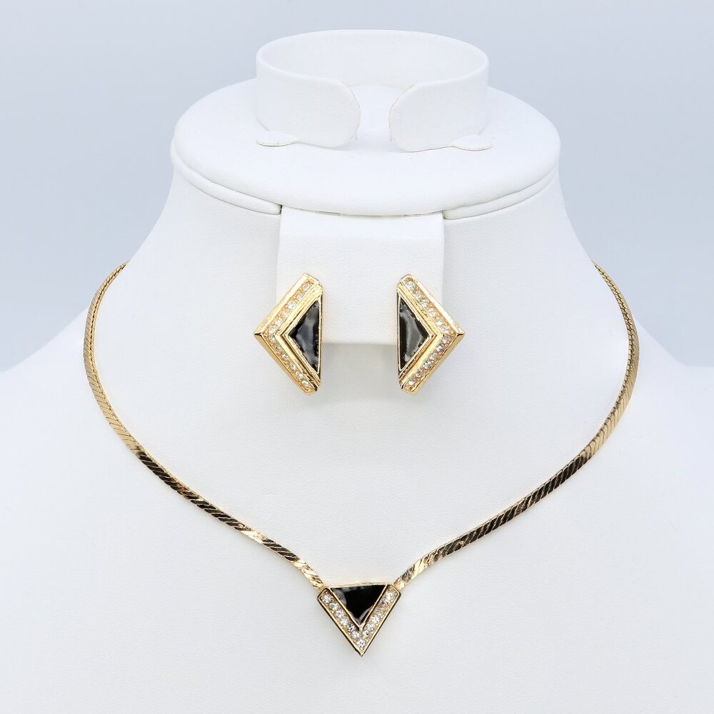 Vintage Christian‎ Dior Bijoux Gold Plate Black Enamel Necklace & Post Earrings